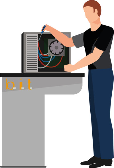 Infografik Mann arbeitet an einem Computergehäuse