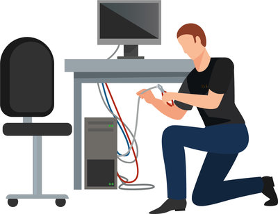 Infografik Mann arbeitet an Computerverkabelung