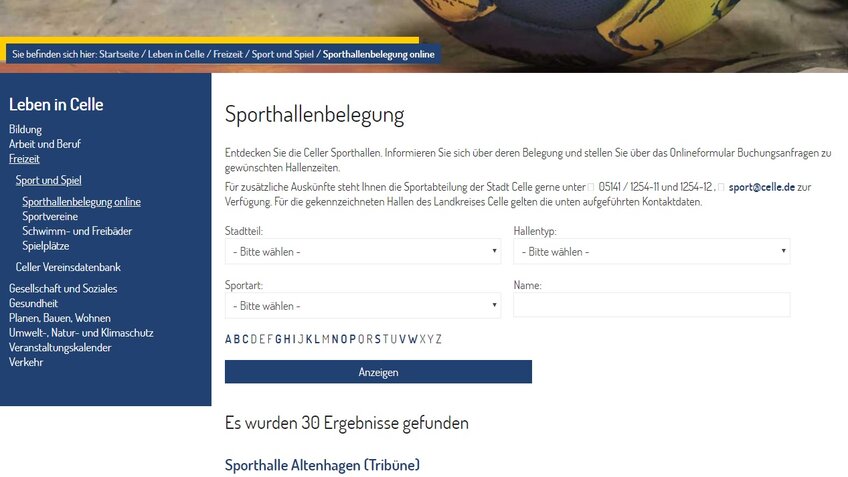 Screenshot des Sporthallenbelegungsplans Celle